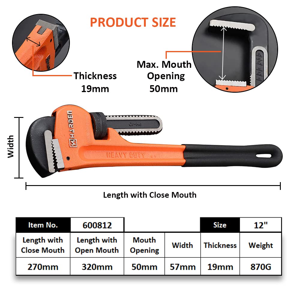 HARDEN Pipe Wrench (8" | 10" | 12" | 14" | 18" | 24" | 36" | 48"), Professional Heavy Duty Chrome Vanadium; 600810 - 600817_img_8
