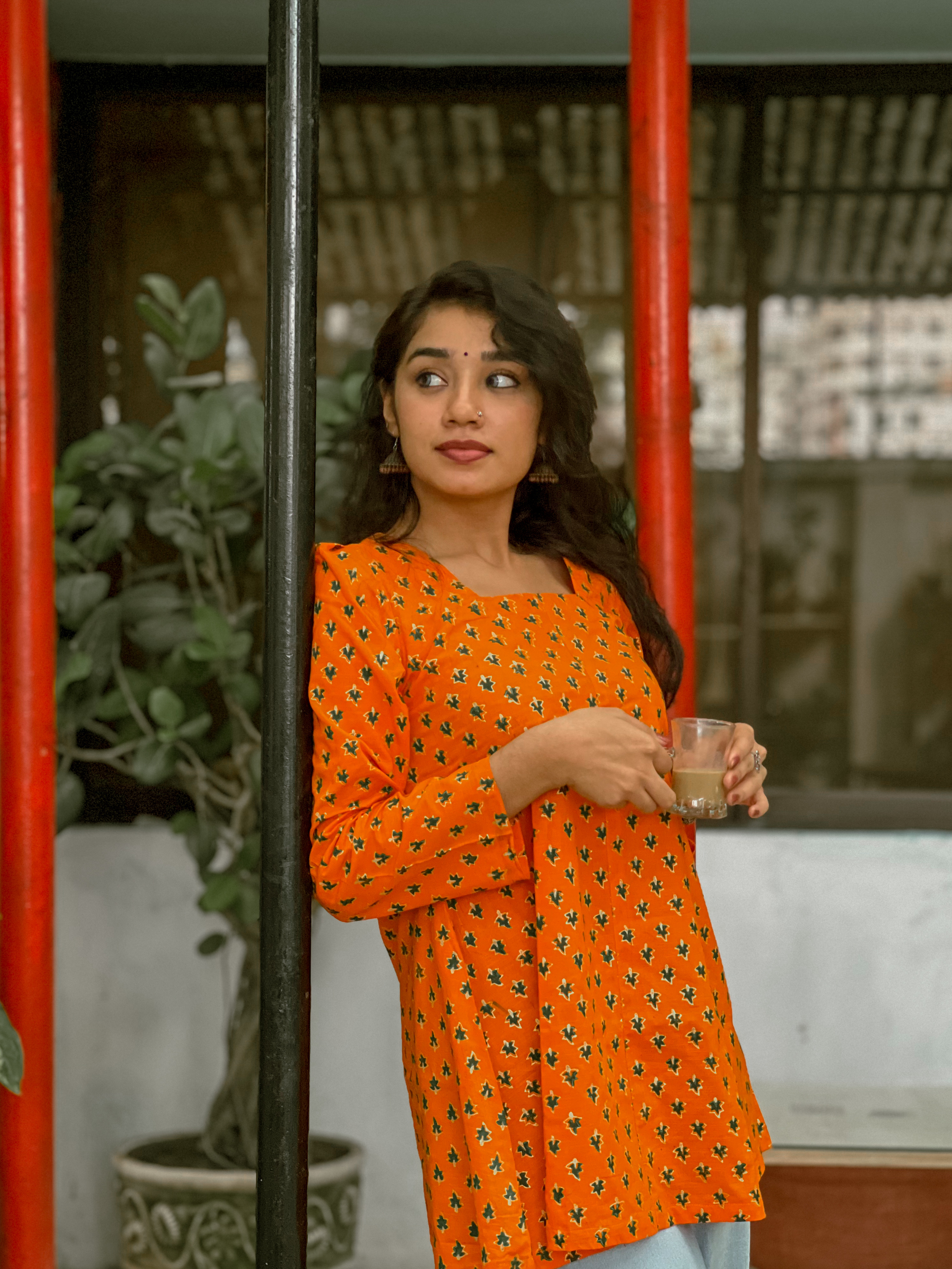 Diti - দিতি | Orange Short Kurti in Mini Leaf Cluster Hand Block Print | 1PC