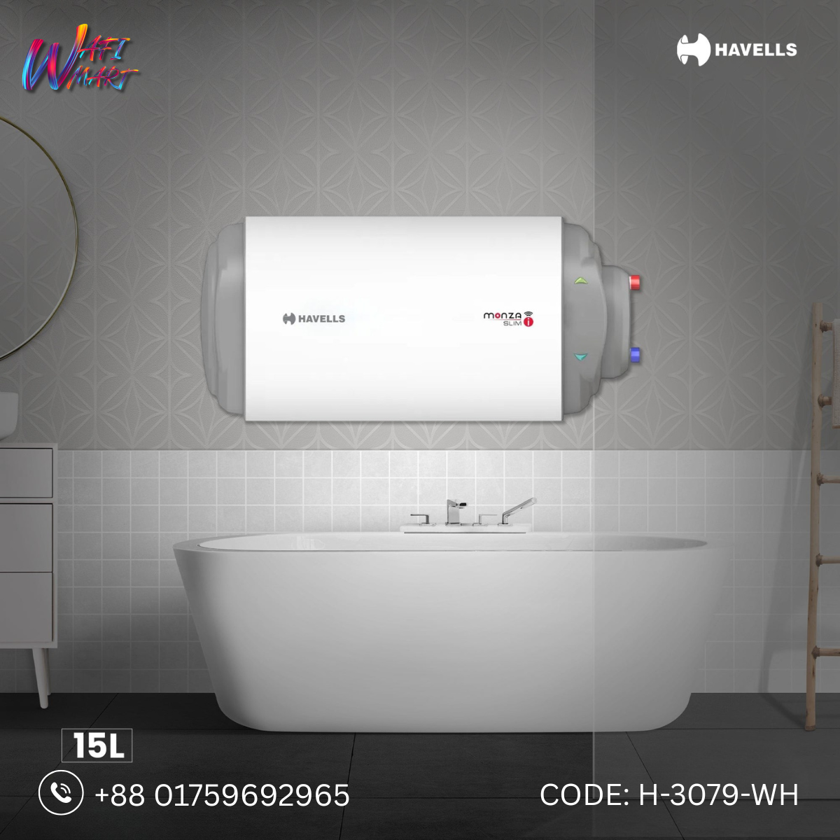 Havells Monza Slim I Right Side Storage Water Heater (Geyser) 15 Litter (H-3079-WH)