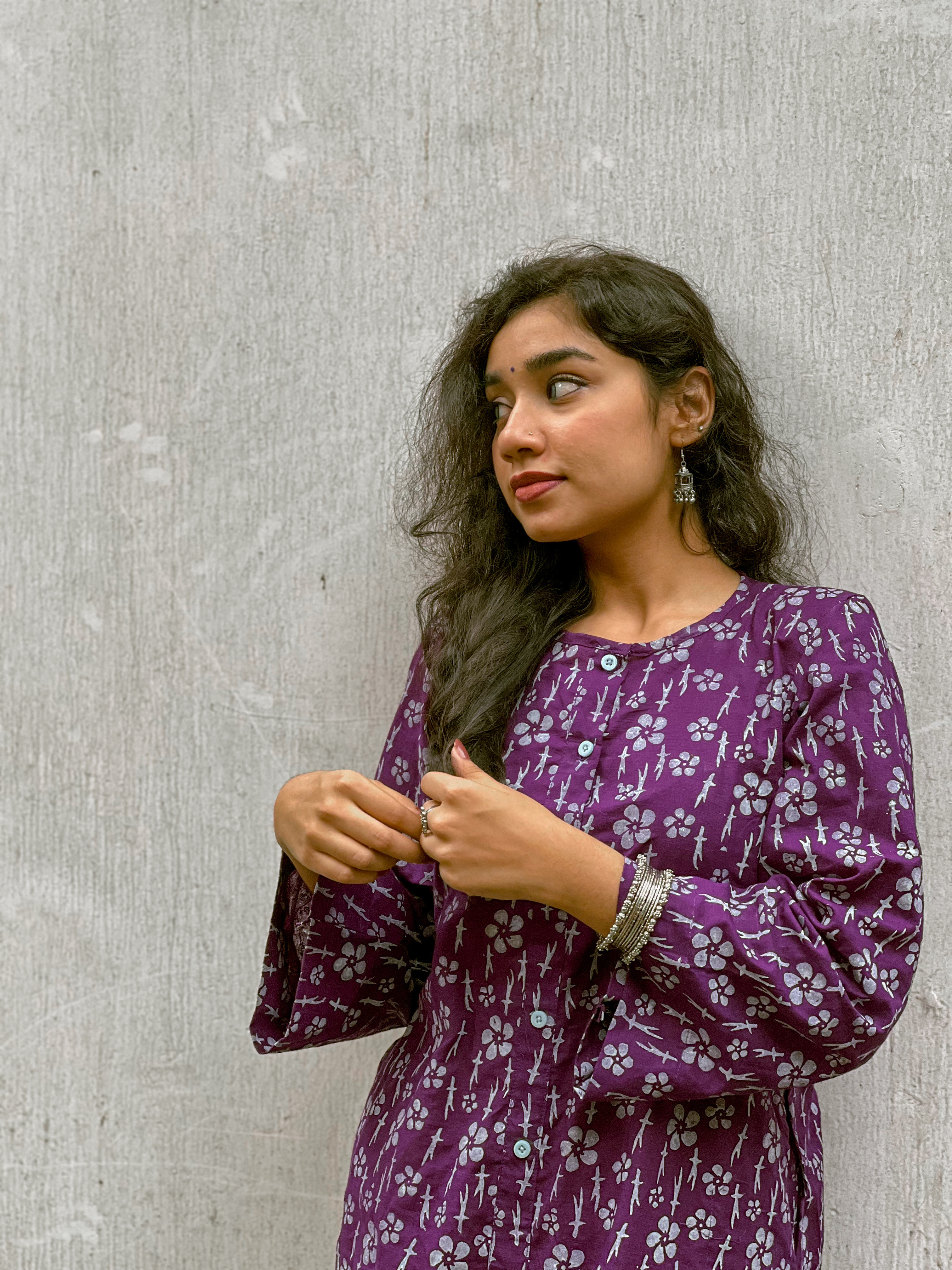 Dhrupodi - ধ্রুপদী | Dark Purple Long Kurti in Floral Hand Block Print | 1PC