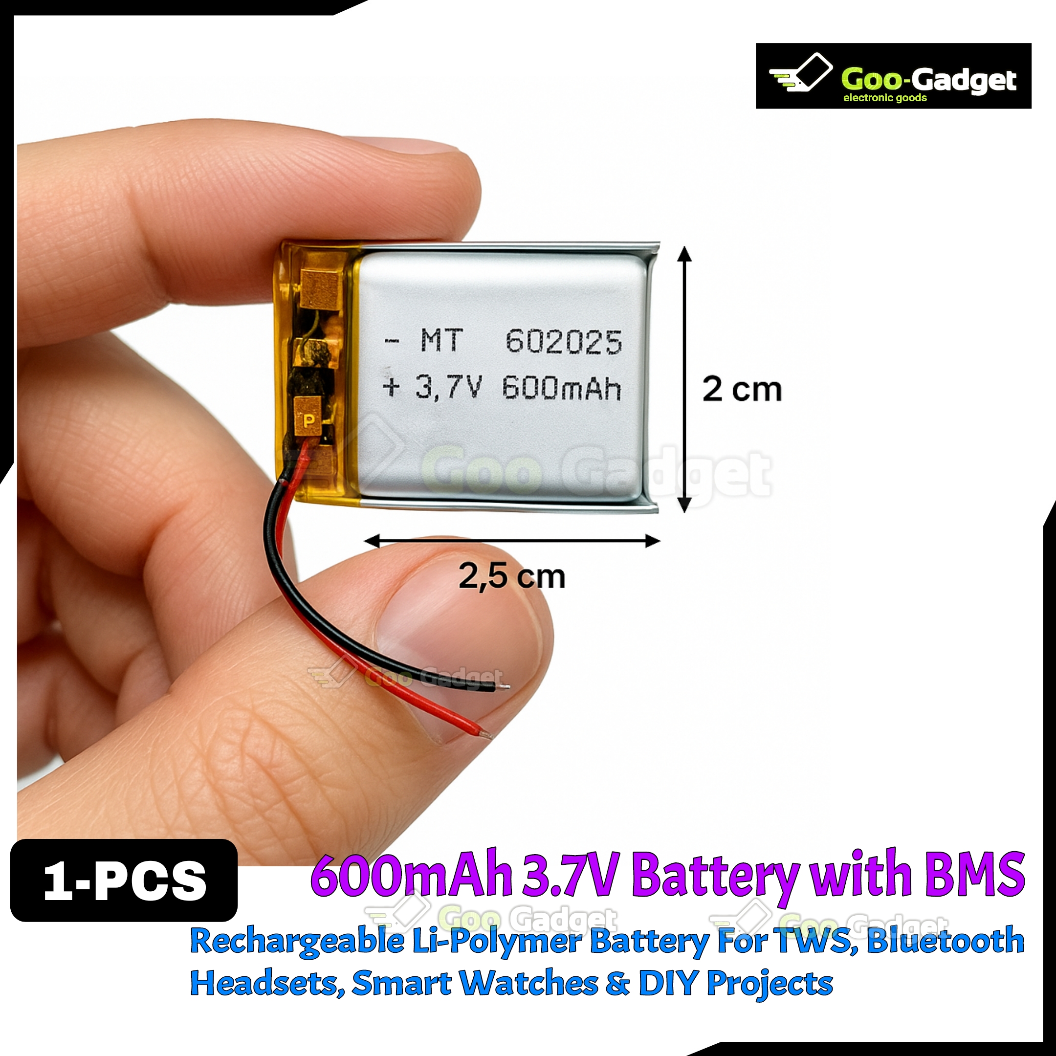600mAh 3.7V Rechargeable Li-Polymer Battery with BMS â For TWS, Bluetooth Headsets, Smart Watches & DIY Projects