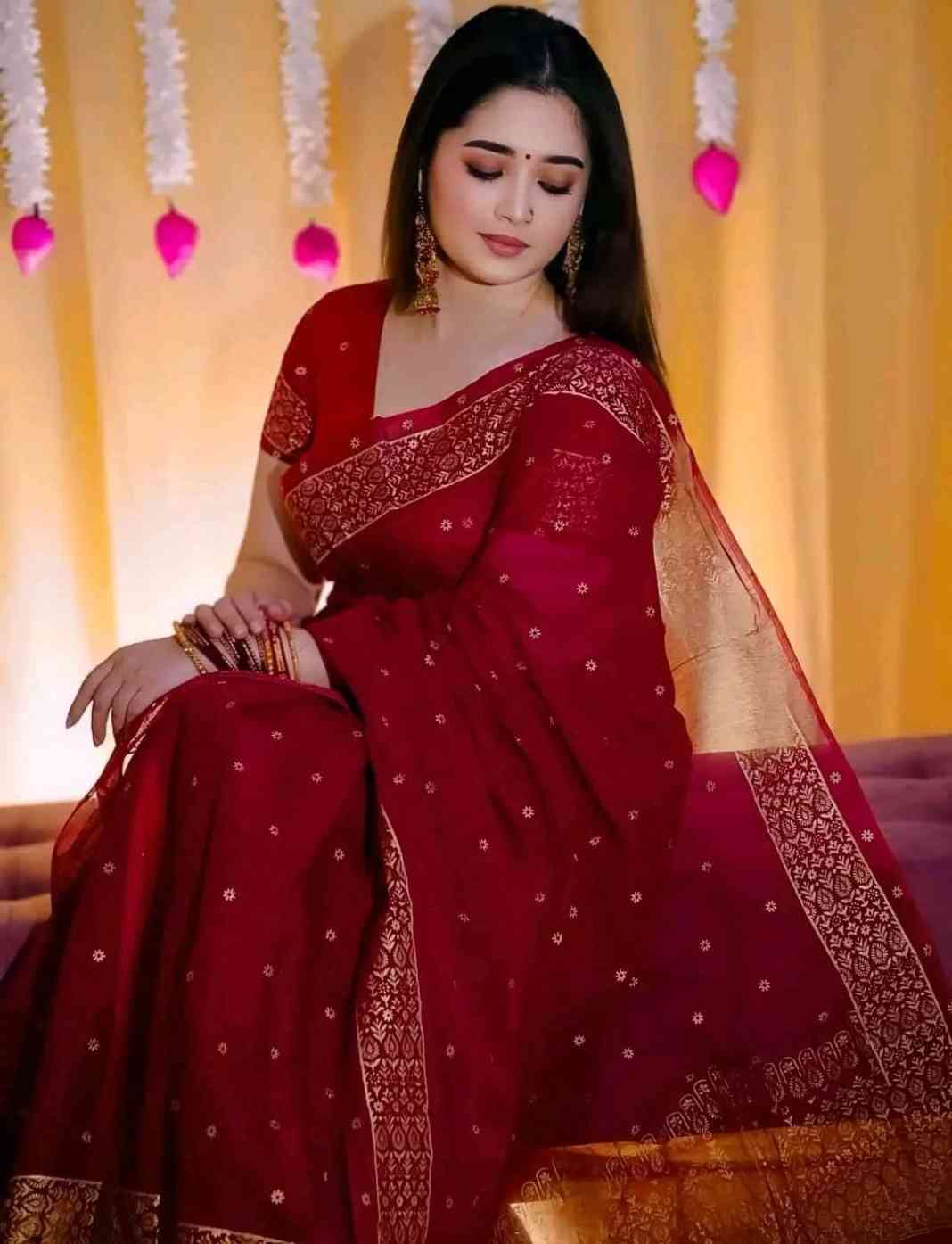 💥 হাফসিল্ক গ্লিটার ওয়ার্ক আফসান প্রিন্ট শাড়ি ব্লাউস পিস সহ 💥