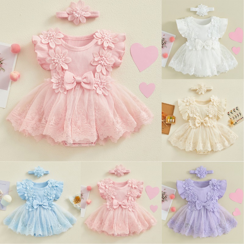 Baby Girl Flower Lace Tulle & 3D Floral Design Romper Dress with Headband (0 to 18 Months)
