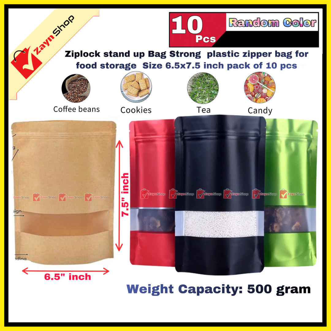 Ziplock stand up Bag Strong plastic zipper bag for food storage Size 6.5x7.5 inch pack of 10 pcs_img_3