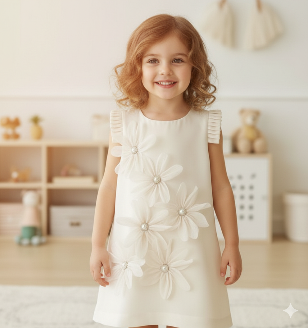 Kids Girls Summer Elegant Pearls Flower Sleeveless Korean Party Skirt (1 to 6 Years)_img_0