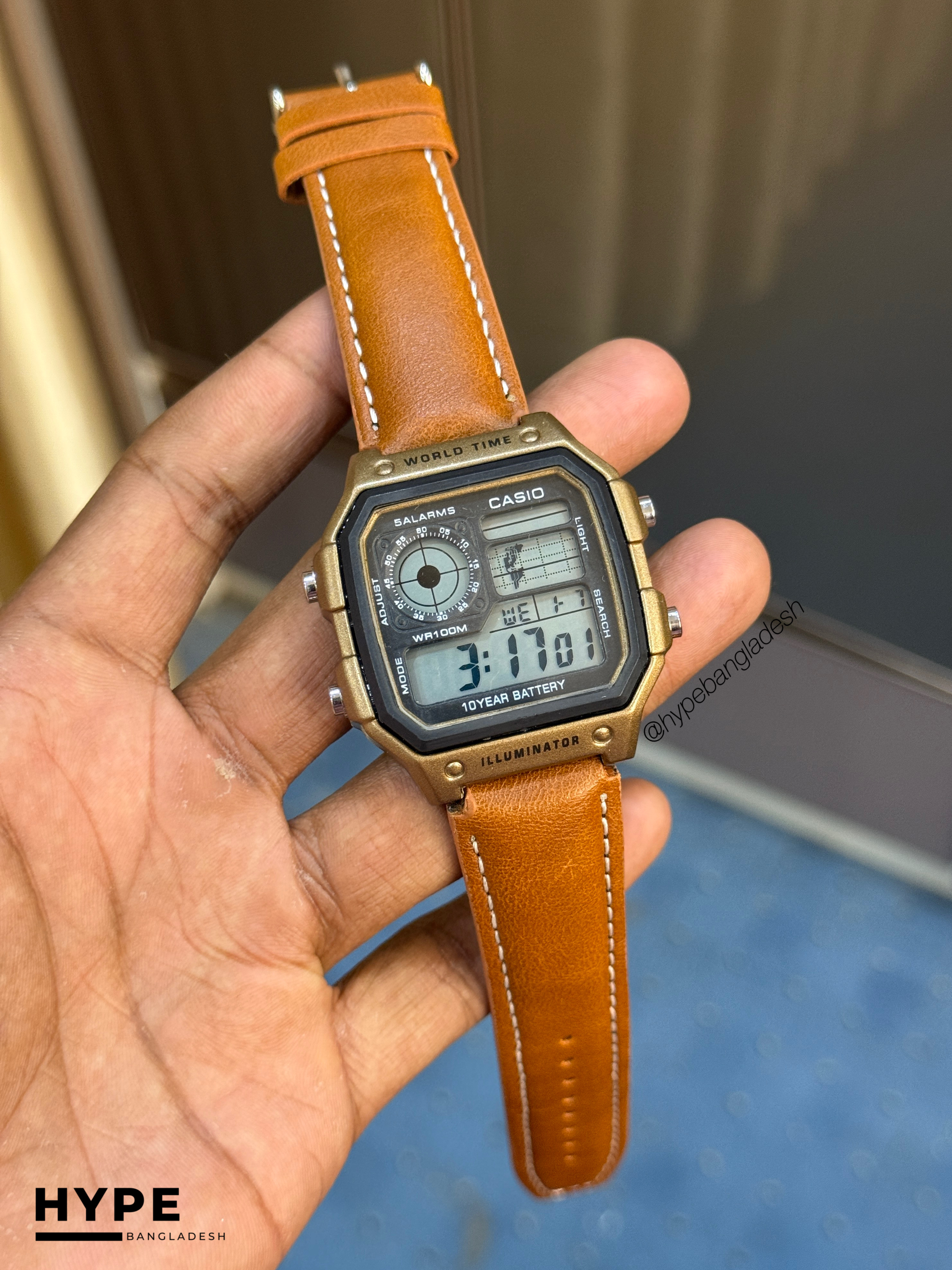 Casio Digital World Timer Leather Belt (Brown)