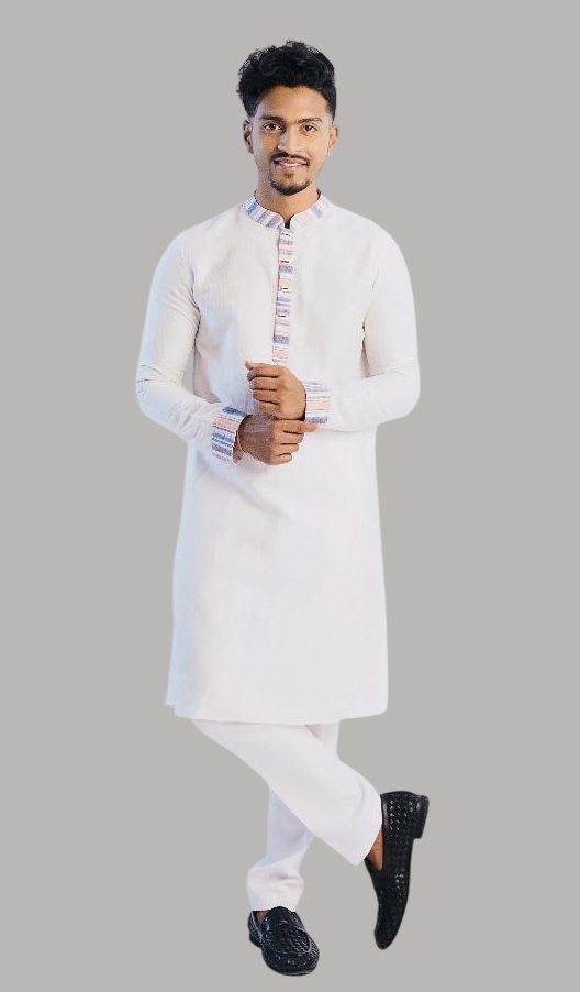 Cotton Classic Panjabi for Men- White with contrast (PJB-010)