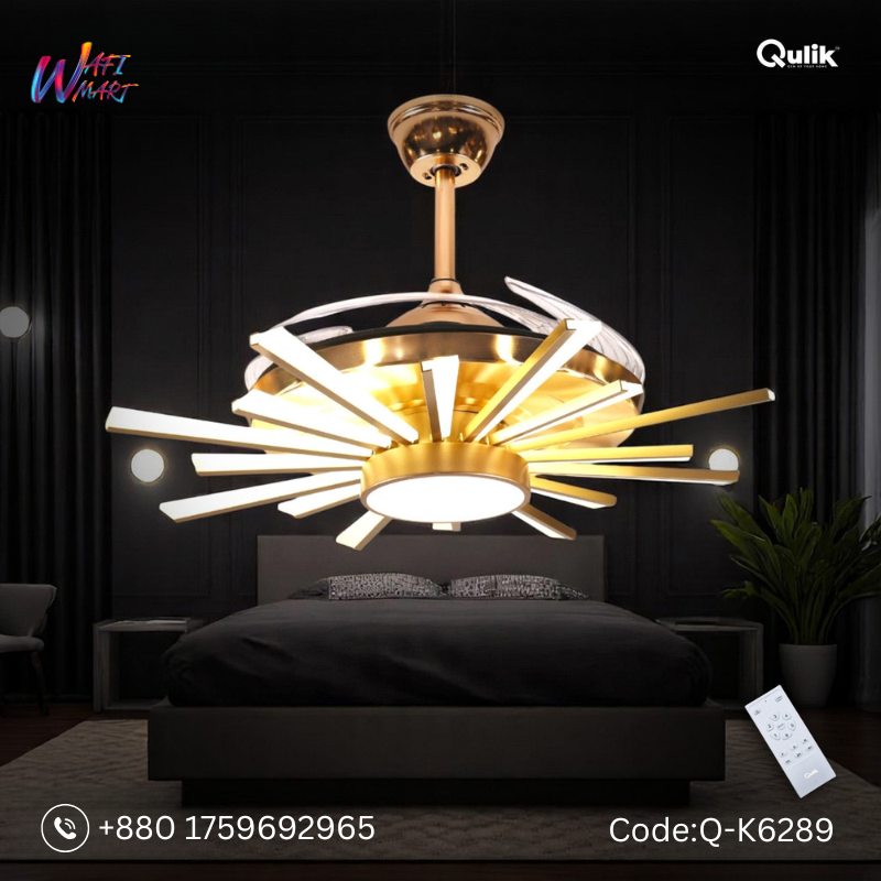 Qulik 48" Modern Chandelier Retractable Invisible Blade Silent 3 Color Change LED Remote Ceiling Fan (Golden) | Q-K6289