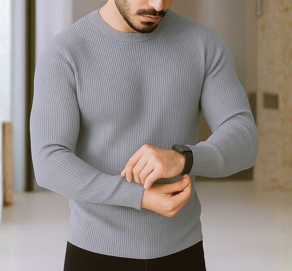 Premium Gray Rib Full Sleeve T-Shirt