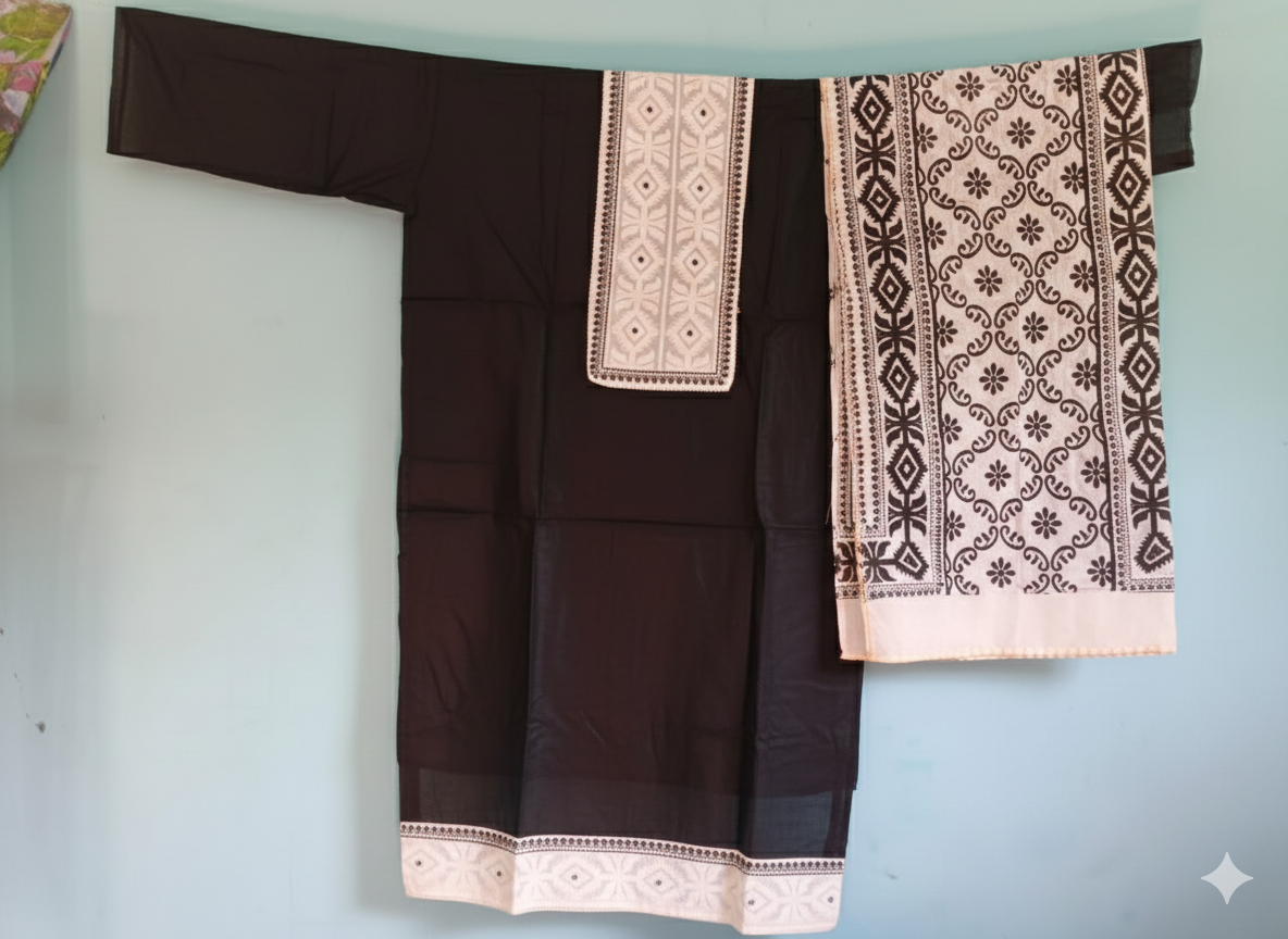 স্টাইলিশ ব্ল্যাক & অফ-হোয়াইট কটন এমব্রয়ডারি থ্রিপিস ফর ওমেন