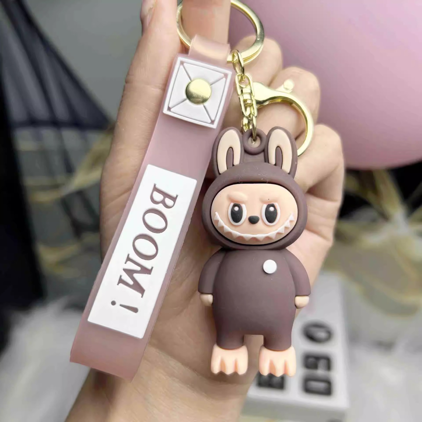 Chocolate Brown Labubu Keychain – "BOOM!" Edition