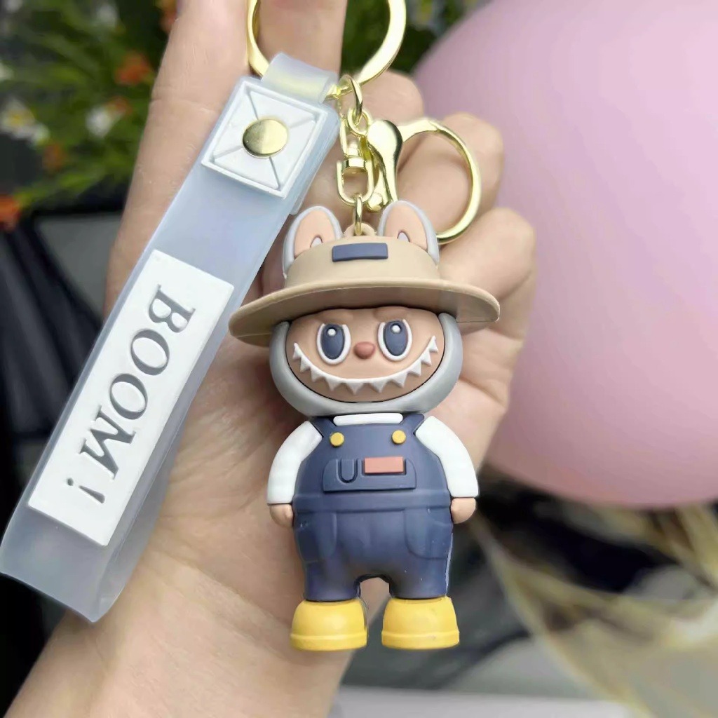 Navy Blue Denim Dungarees Labubu Keychain – "BOOM!" Edition