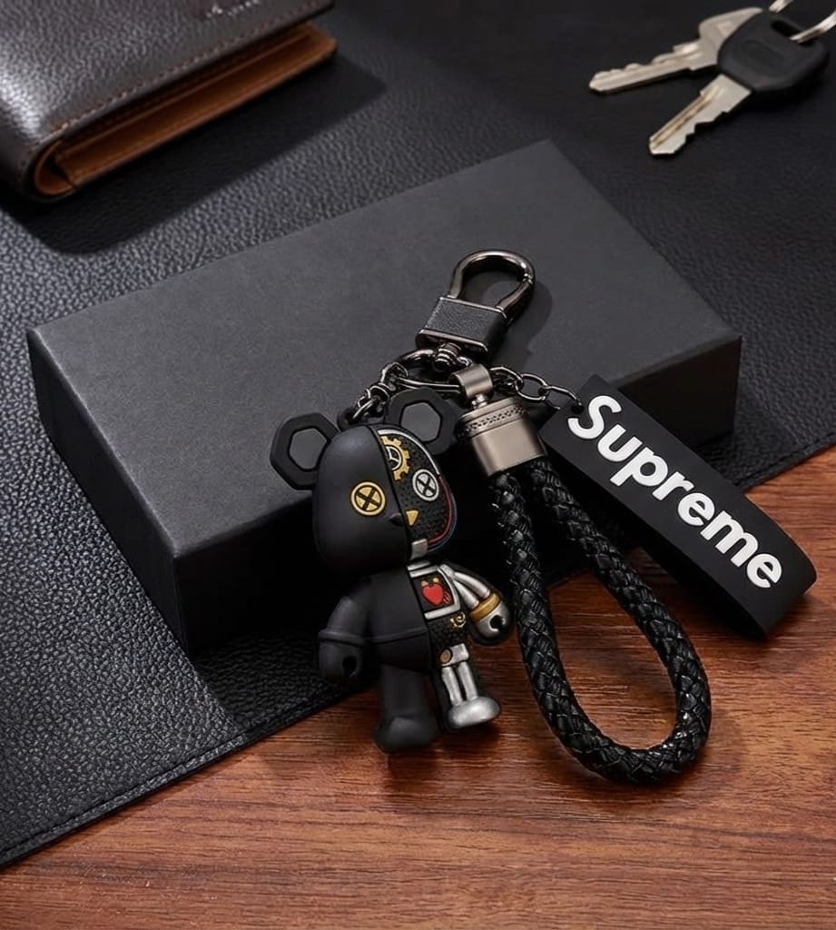 Cyberpunk Half-Mechanical "Supreme" Bear Keychain – Braided Leather Strap