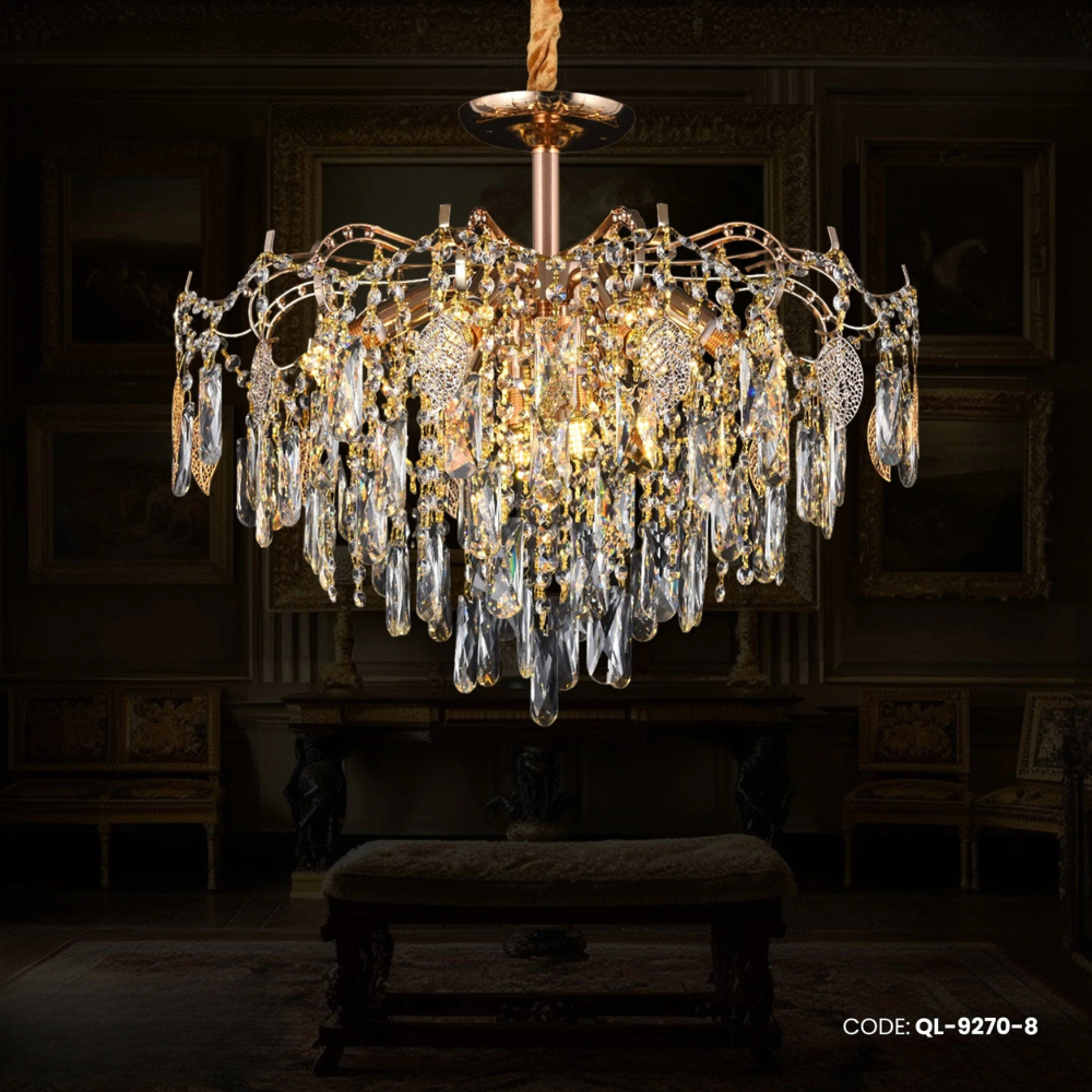 Qulik Modern Luxury Crystal Chandelier Pendent French Gold Clear 8 LED Light (QL-9270-8)