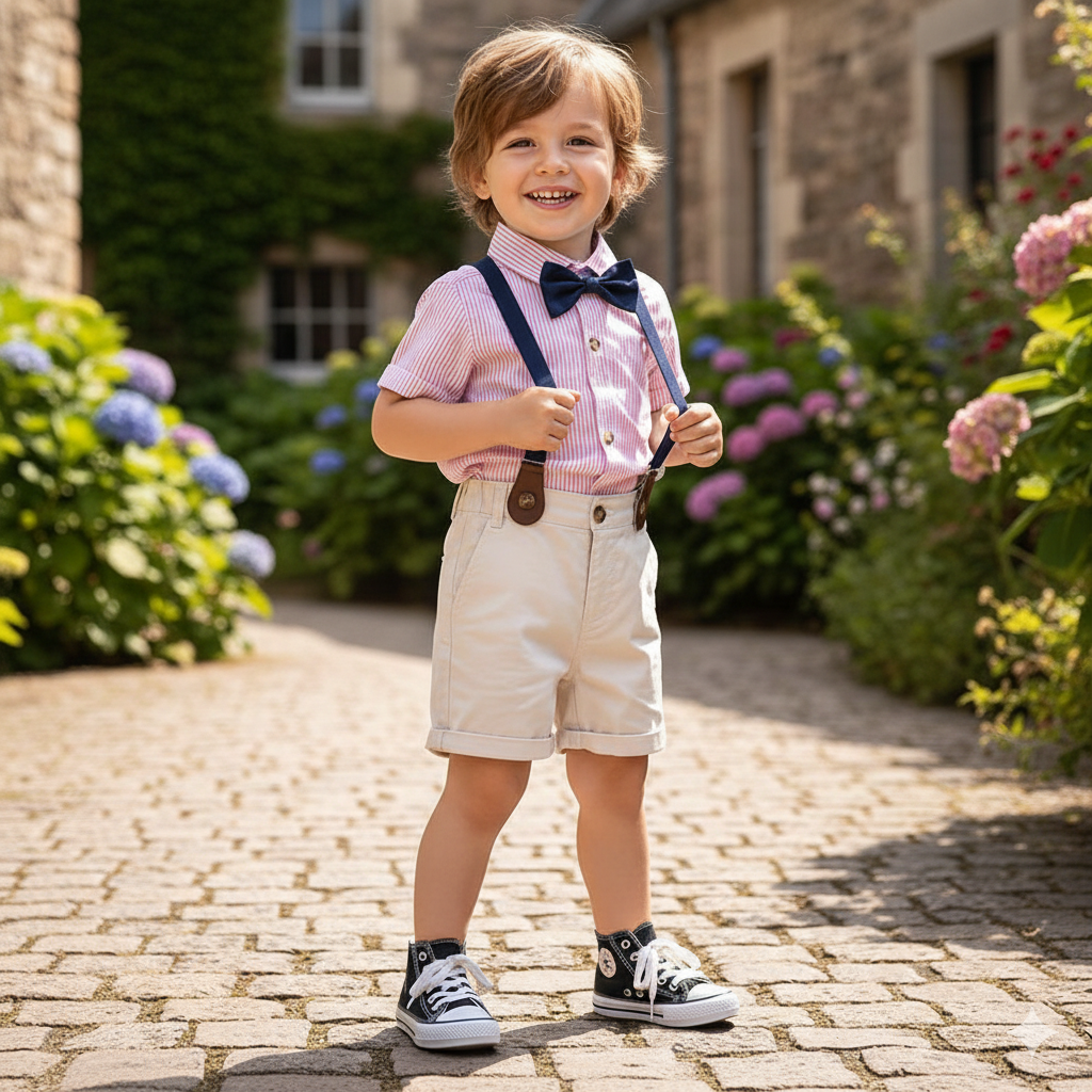 Kids Boys Summer Gentleman Outfit – Bow Tie Shirt & Shorts with Suspenders (6 Months to 5 Years)_img_0