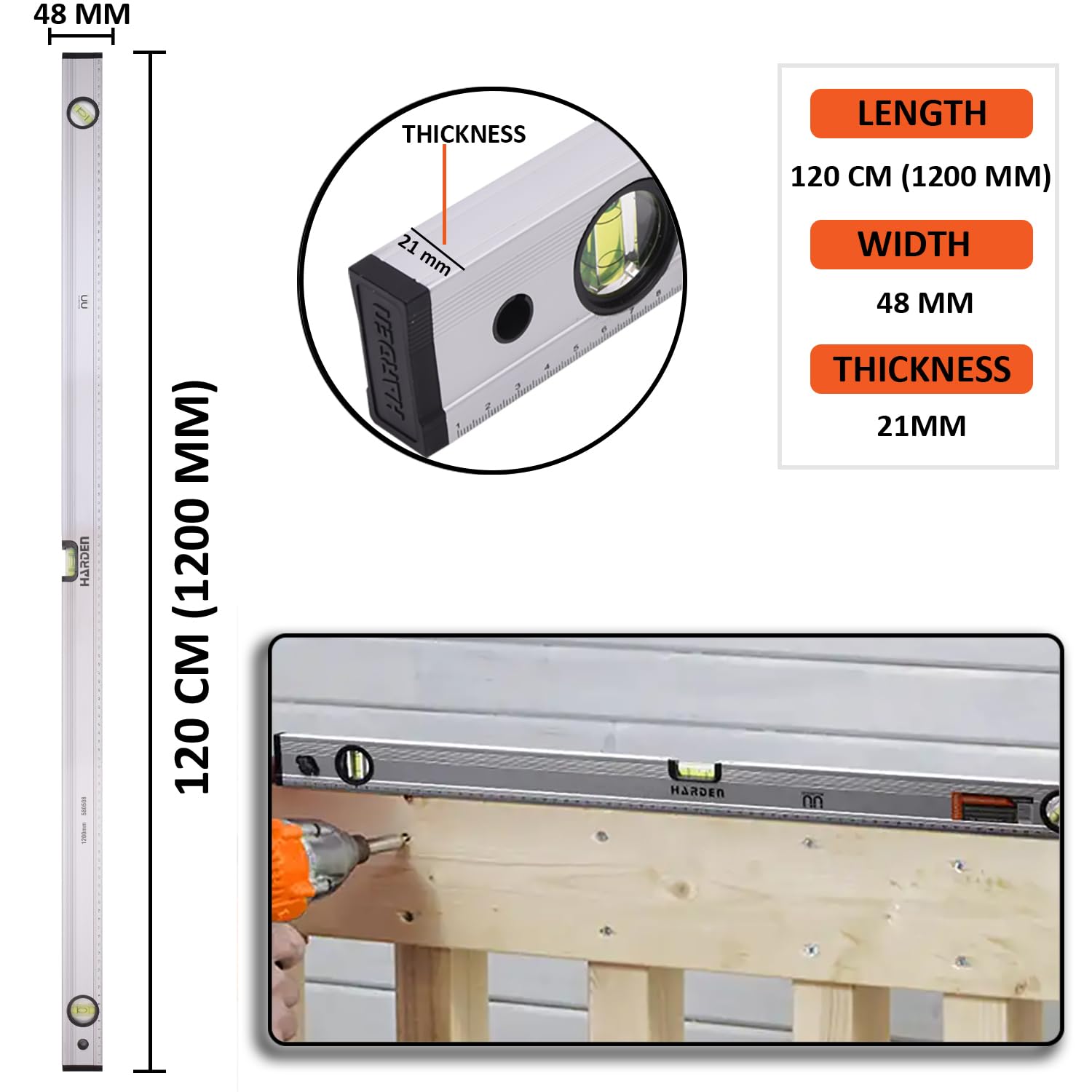 HARDEN Professional Spirit Level Alumonium Body ( 12" | 20" | 24" | 32" | 40" | 48" ), Magnetic Base, High-Visibility Vials; Model: 580503 580508_img_8