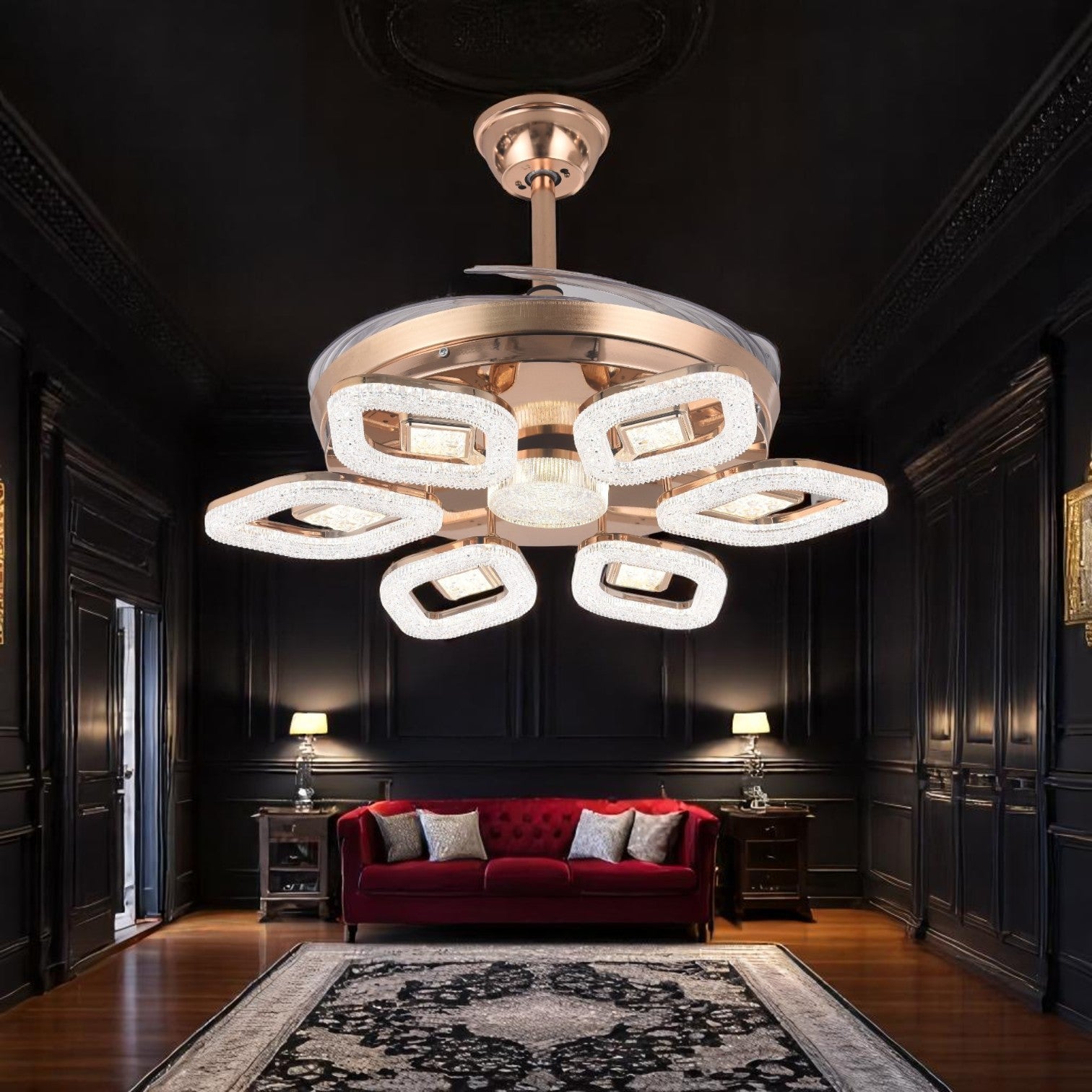 Qulik 48" Modern Chandelier Retractable Invisible Blade Silent 3 Color Change LED Remote Ceiling Fan (Golden) | Q-T8299_img_0