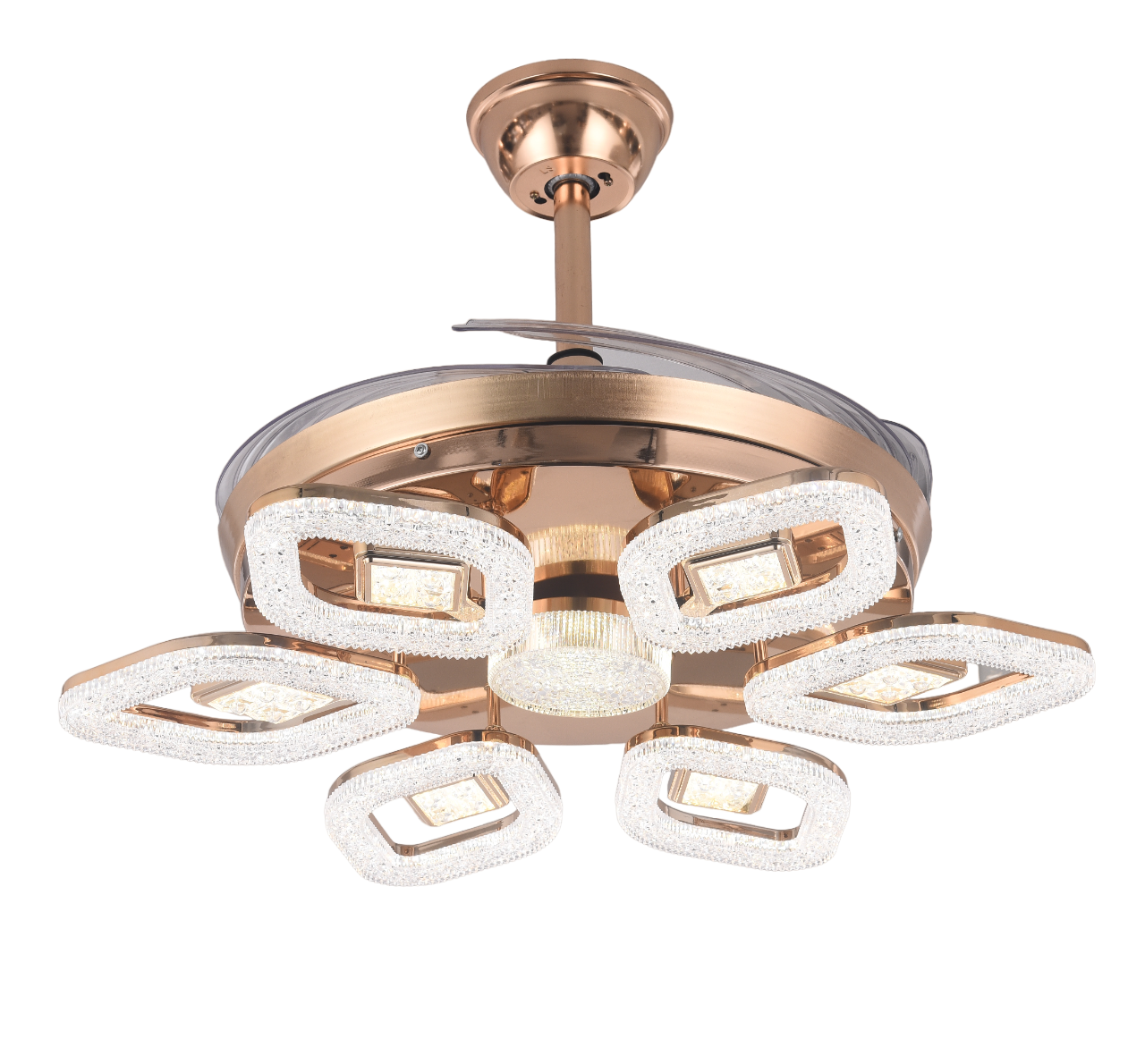 Qulik 48" Modern Chandelier Retractable Invisible Blade Silent 3 Color Change LED Remote Ceiling Fan (Golden) | Q-T8299_img_1