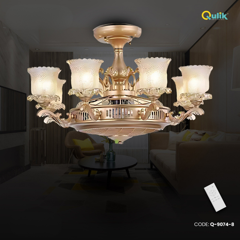 Qulik 48 Inch Modern Chandelier Retractable Invisible Blade Silent 3 Color Change LED Remote Ceiling Fan (Golden) Q-9074-8