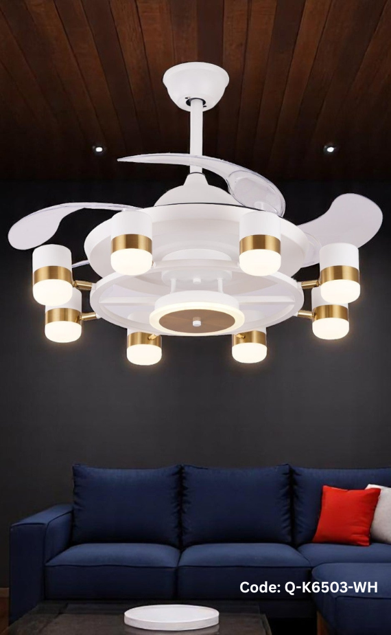 Qulik 48" Modern Chandelier Retractable Invisible Blade Silent 3 Color Change LED Remote Ceiling Fan (White) | Q-K6503-WH