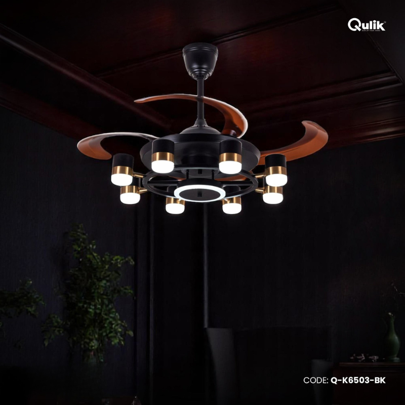 Qulik 48" Modern Chandelier Retractable Invisible Blade Silent 3 Color Change LED Remote Ceiling Fan (Black) | Q-K6503-BK_img_0