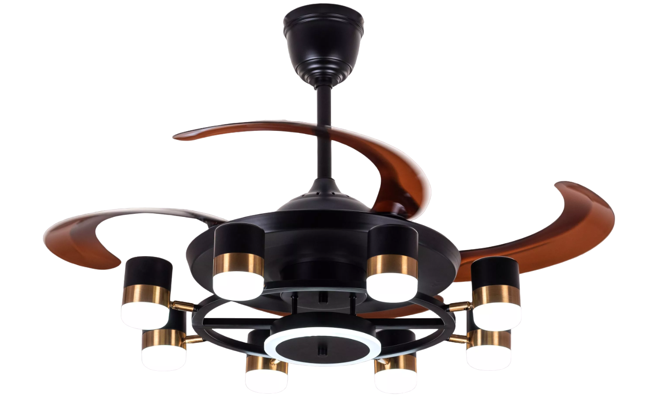 Qulik 48" Modern Chandelier Retractable Invisible Blade Silent 3 Color Change LED Remote Ceiling Fan (Black) | Q-K6503-BK_img_1