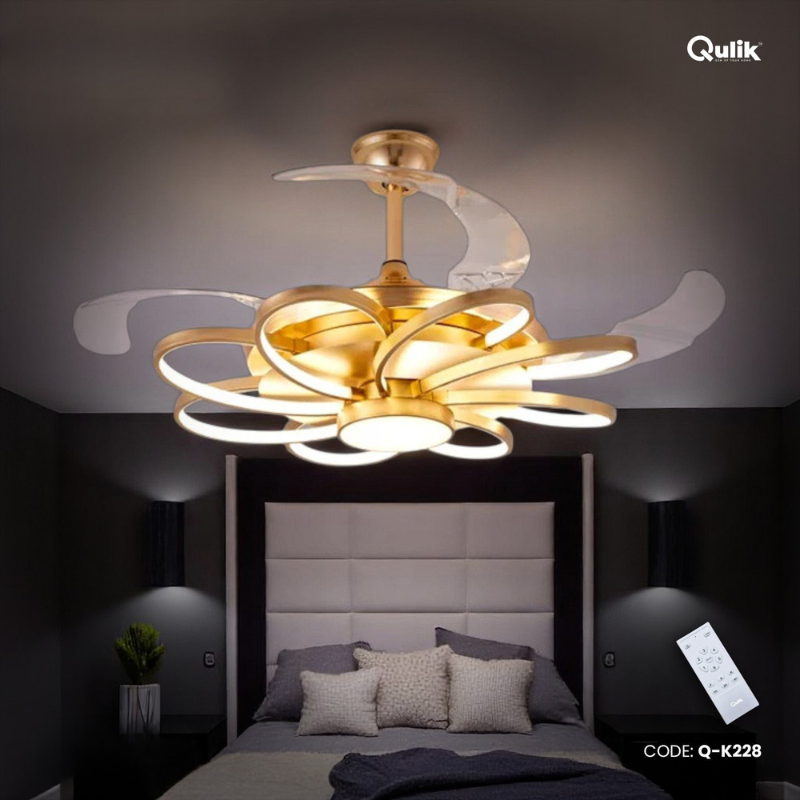 Qulik 48" Modern Chandelier Retractable Invisible Blade Silent 3 Color Change LED Remote Ceiling Fan (Golden) | Q-K6228_img_0