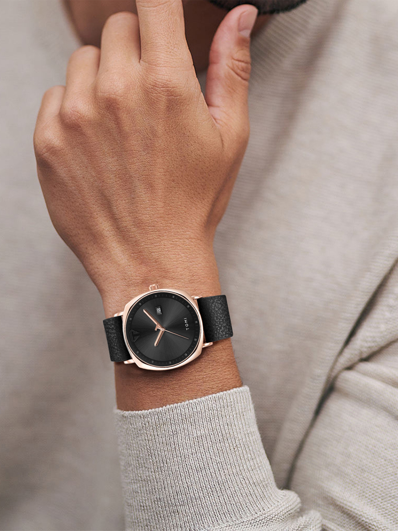 TOMI T-044 Men's Quartz Leather Belt Watch With Date (Black-Rosegold)_img_2