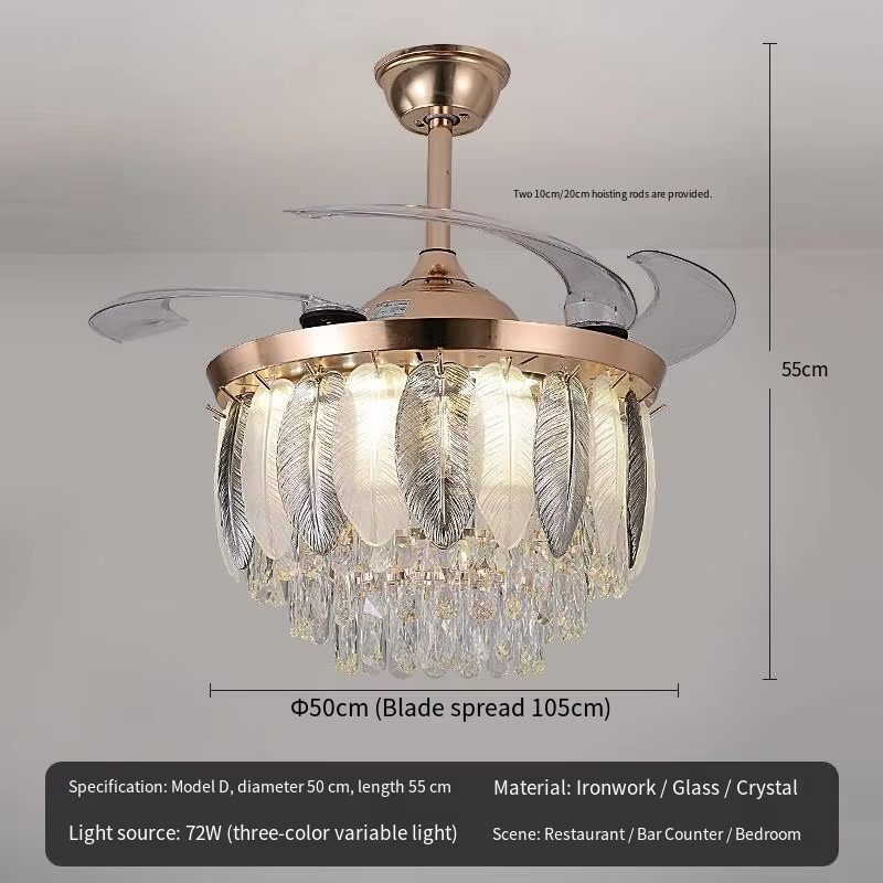 Qulik 48" Crystal Chandelier Retractable Invisible Blade Silent 3 Color Change LED Remote Ceiling Fan (Golden) | Q-T8255-BK-WH_img_1