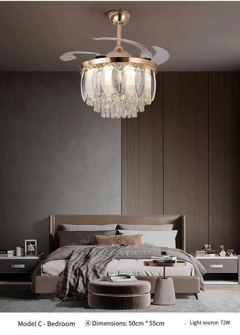 Qulik 48" Crystal Chandelier Retractable Invisible Blade Silent 3 Color Change LED Remote Ceiling Fan (Golden) | Q-T8255-BK-WH_img_2