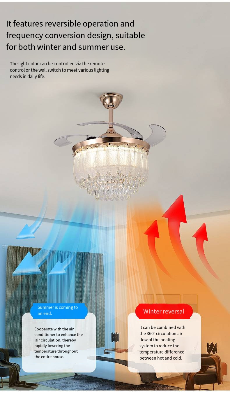 Qulik 48" Crystal Chandelier Retractable Invisible Blade Silent 3 Color Change LED Remote Ceiling Fan (Golden) | Q-T8255-BK-WH_img_3