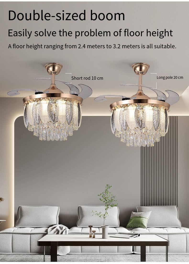 Qulik 48" Crystal Chandelier Retractable Invisible Blade Silent 3 Color Change LED Remote Ceiling Fan (Golden) | Q-T8255-BK-WH_img_4