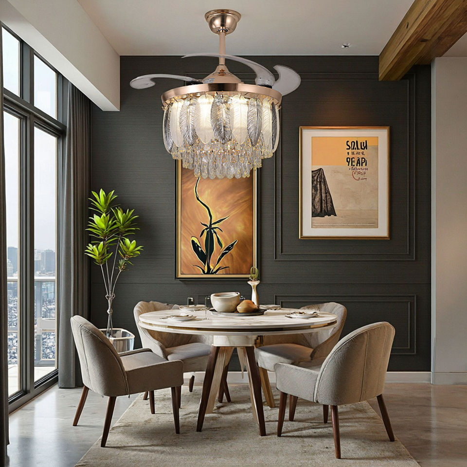 Qulik 48" Crystal Chandelier Retractable Invisible Blade Silent 3 Color Change LED Remote Ceiling Fan (Golden) | Q-T8255-BK-WH_img_5