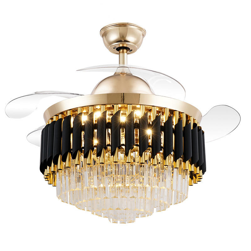 Qulik 48" Crystal Chandelier Retractable Invisible Blade Silent 3 Color Change LED Remote Ceiling Fan (Golden) | Q-T7456