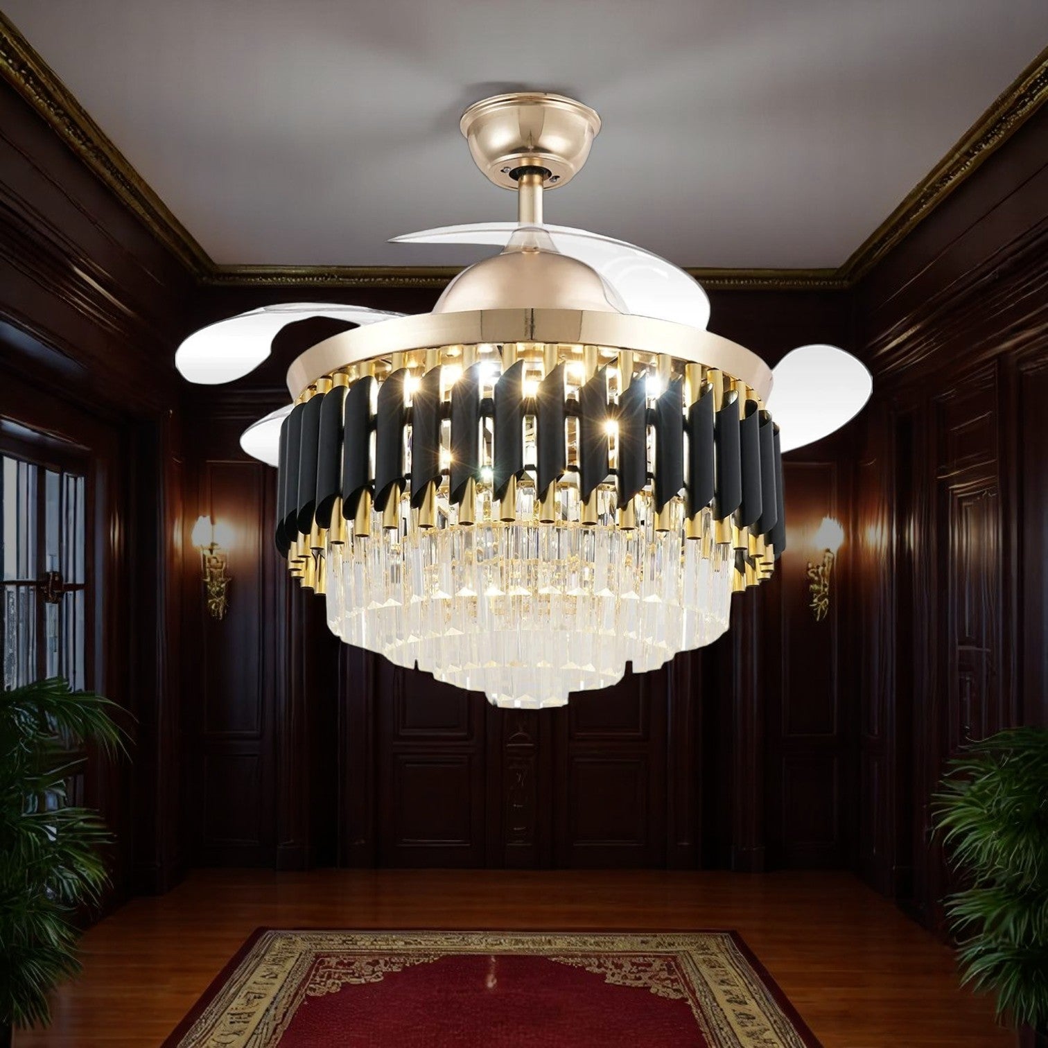 Qulik 48" Crystal Chandelier Retractable Invisible Blade Silent 3 Color Change LED Remote Ceiling Fan (Golden) | Q-T7456_img_1