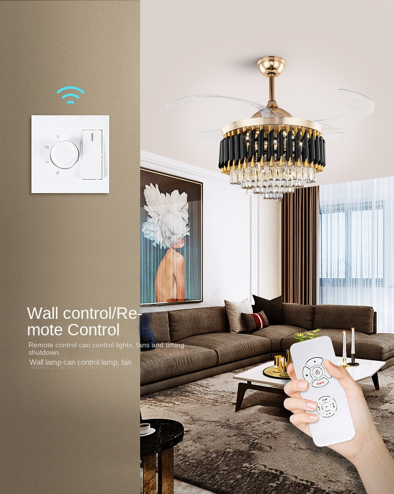 Qulik 48" Crystal Chandelier Retractable Invisible Blade Silent 3 Color Change LED Remote Ceiling Fan (Golden) | Q-T7456_img_2