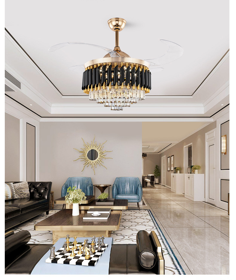 Qulik 48" Crystal Chandelier Retractable Invisible Blade Silent 3 Color Change LED Remote Ceiling Fan (Golden) | Q-T7456_img_3