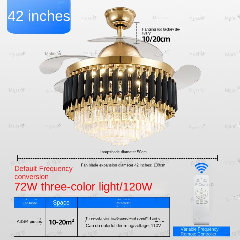 Qulik 48" Crystal Chandelier Retractable Invisible Blade Silent 3 Color Change LED Remote Ceiling Fan (Golden) | Q-T7456_img_5