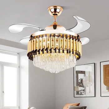 Qulik 48" Crystal Chandelier Retractable Invisible Blade Silent 3 Color Change LED Remote Ceiling Fan (Golden) | Q-T7456_img_6
