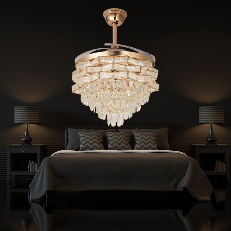 Qulik 48" Crystal Chandelier Retractable Invisible Blade Silent 3 Color Change LED Remote Ceiling Fan (Golden) | Q-K6323_img_0