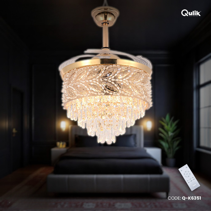 Qulik 48" Crystal Chandelier Retractable Invisible Blade Silent 3 Color Change LED Remote Ceiling Fan (Golden) | Q-K6351