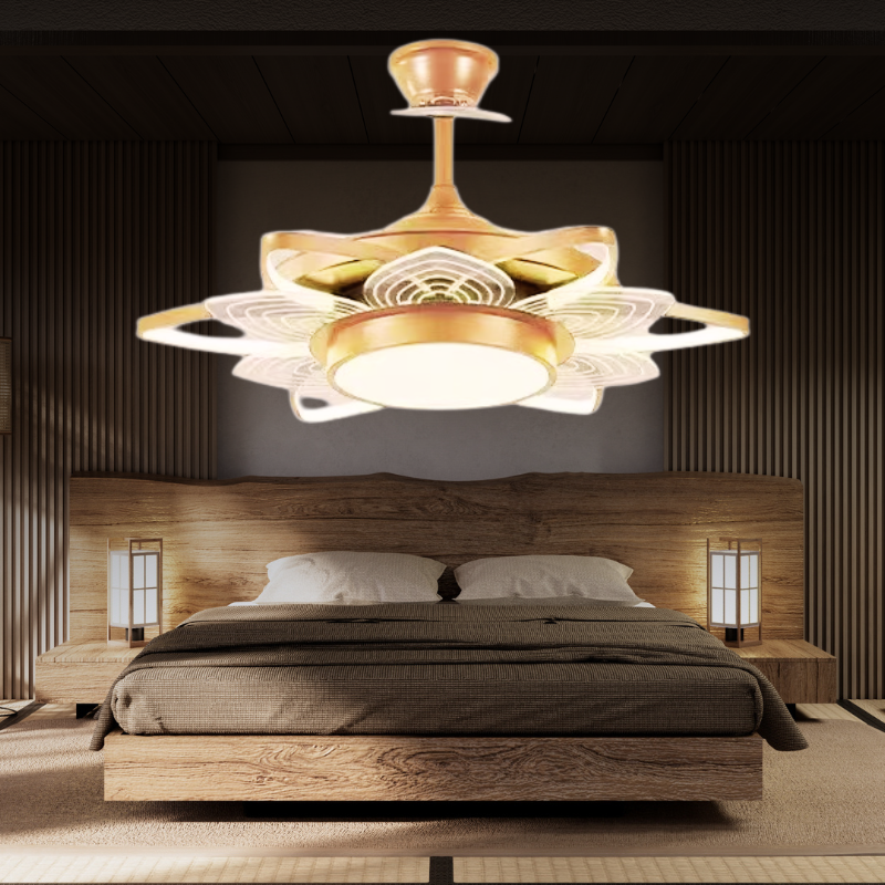 Qulik 48" Modern Chandelier Retractable Invisible Blade Silent 3 Color Change LED Remote Ceiling Fan (Golden) | Q-K6334_img_0