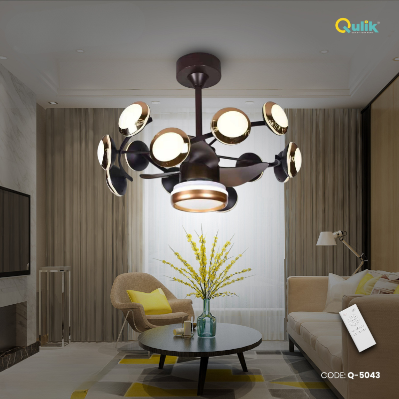 Qulik 48" Modern Chandelier Retractable Invisible Blade Silent 3 Color Change LED Remote Ceiling Fan (Black) Q-5043_img_0