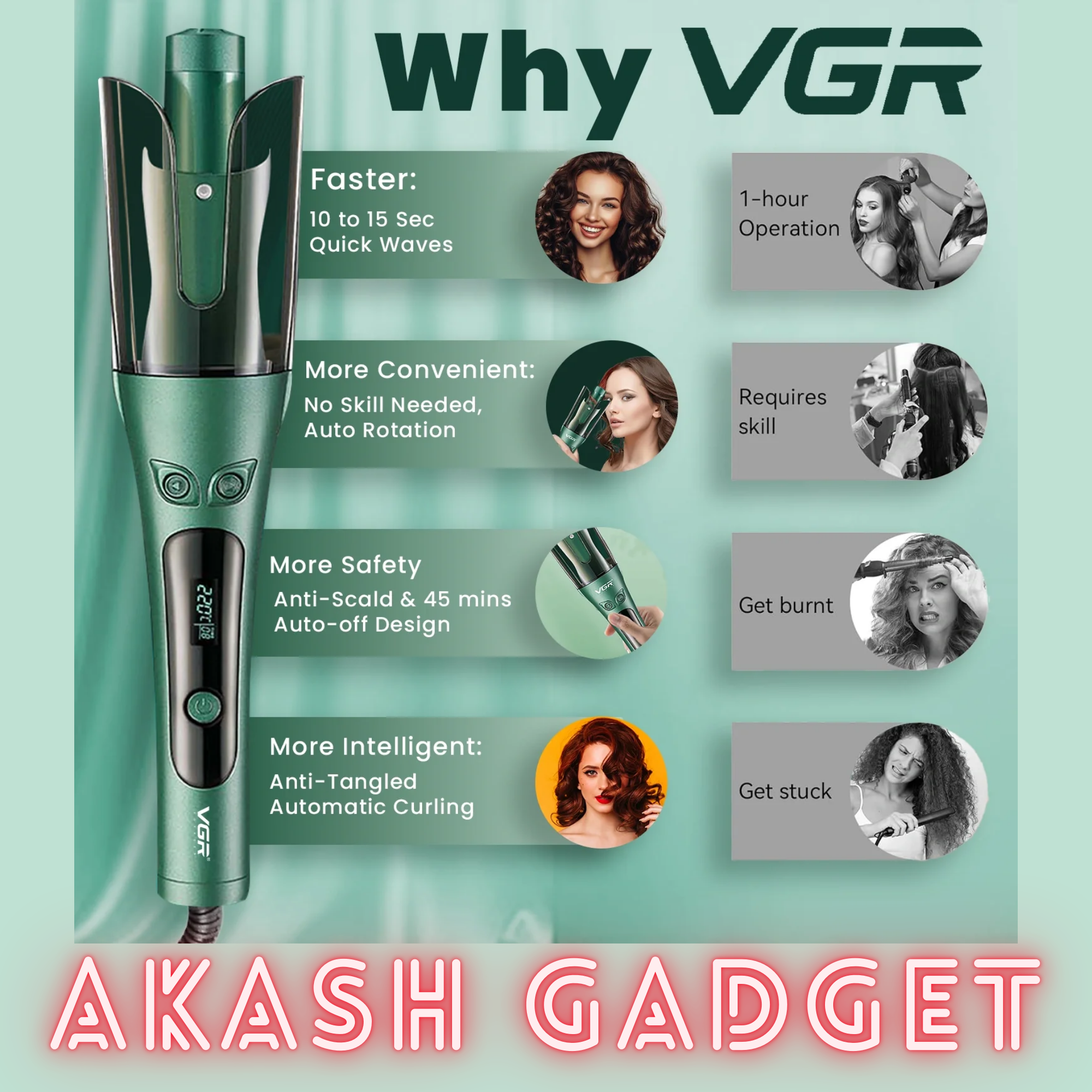 VGR V-583 Professional Automatic Hair Curling Iron For Women | 150–220°C Temperature Range, LED Display, Auto Shut-Off, 360° Swivel Cord & Lightweight Design_img_8