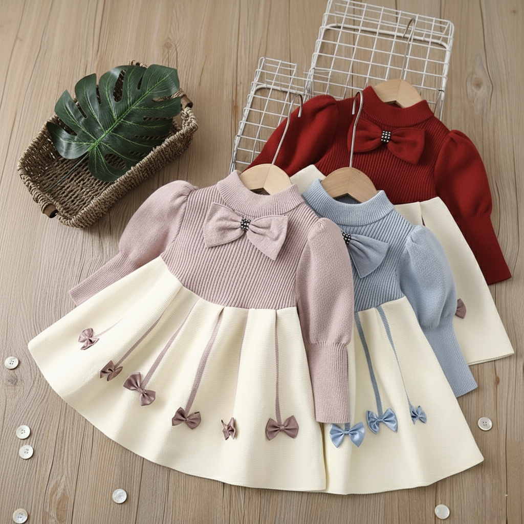 Kids Girls Winter Knit Bow Warm Long Sleeve Party Dress (6 months to 5 years) for ANGEL_img_3