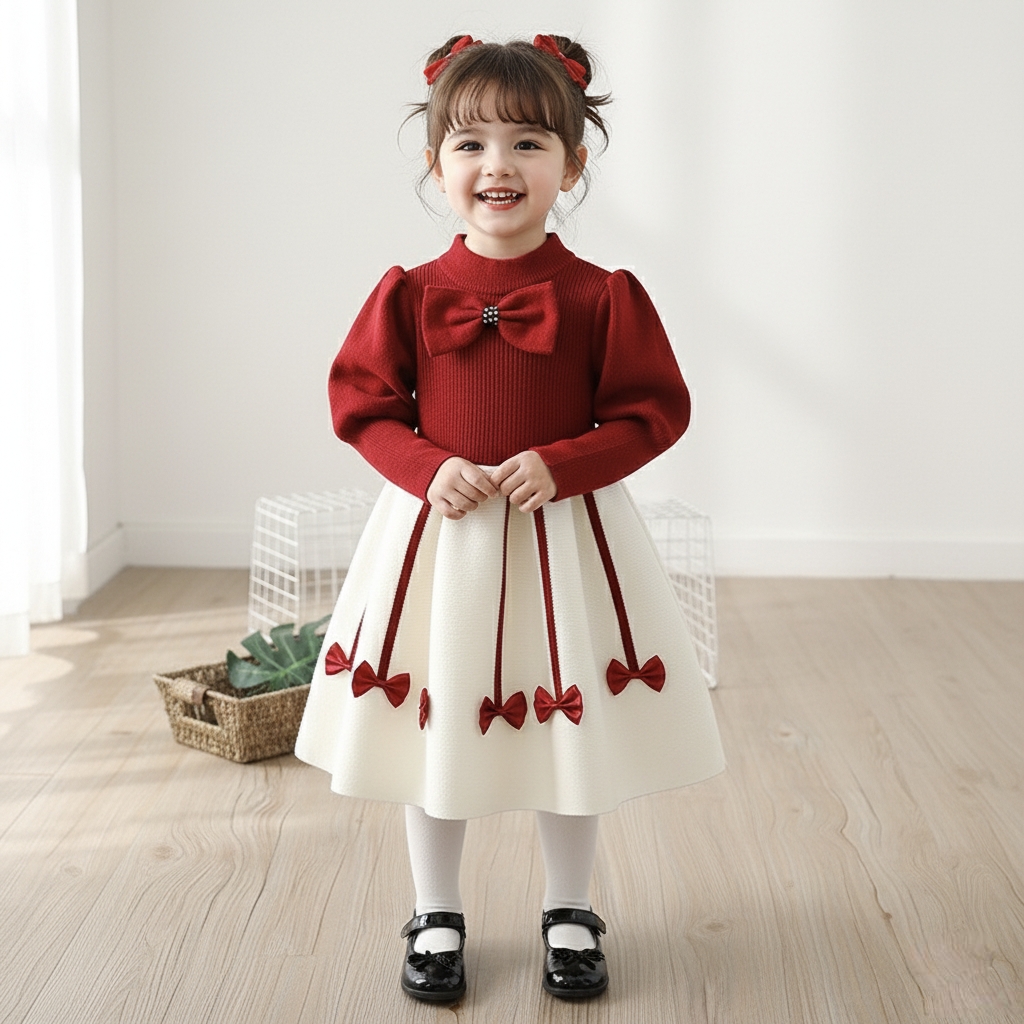 Kids Girls Winter Knit Bow Warm Long Sleeve Party Dress (6 months to 5 years) for ANGEL_img_0