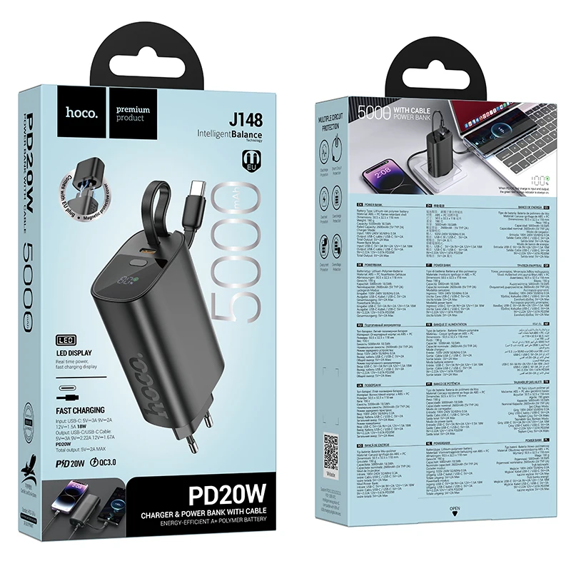 Hoco J148 Handy PD20W 5000mAh Power Bank EU plug – Black thumbnail 3