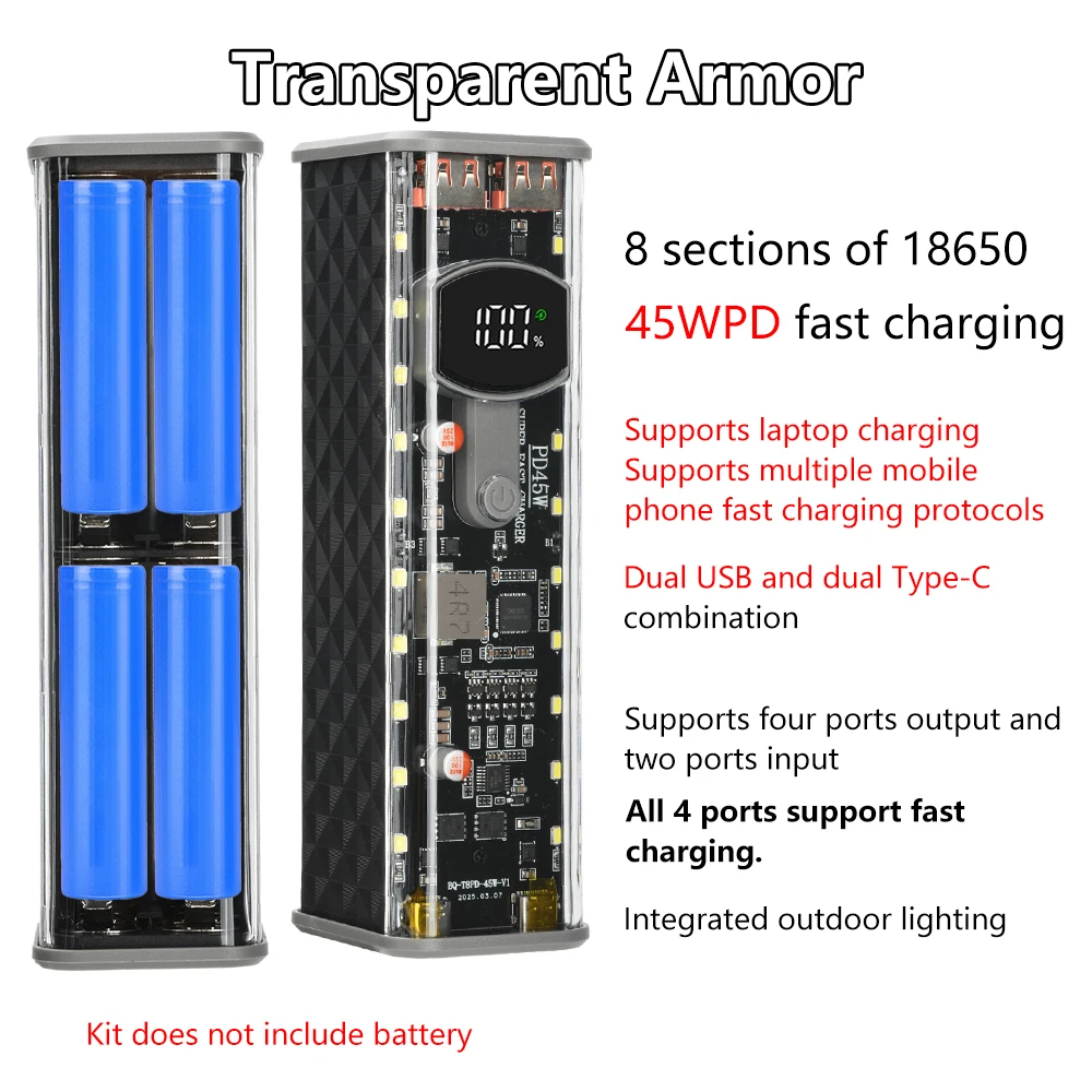PD 45W Super Fast Charging Transparent Power Bank Case Solderless 8pcs 18650 Battery with LED Light_img_5
