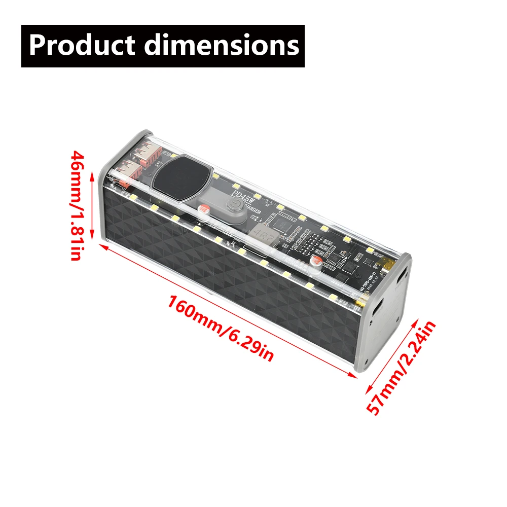 PD 45W Super Fast Charging Transparent Power Bank Case Solderless 8pcs 18650 Battery with LED Light_img_8