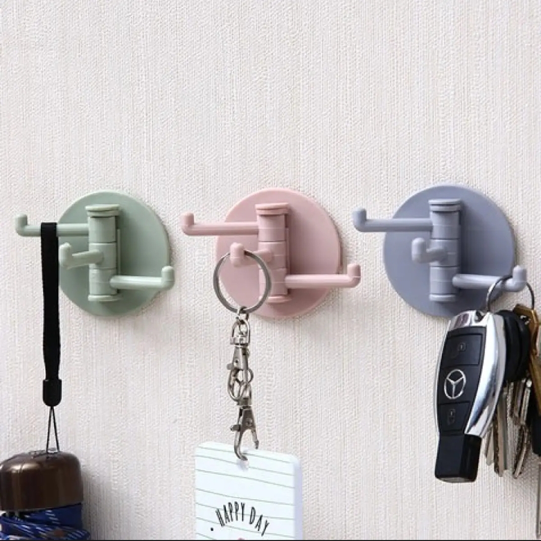 3 pcs Multifunctional bathroom wall shelf free punching seamless trace rack rotating hook strong 3 branch rotating sticky hook
